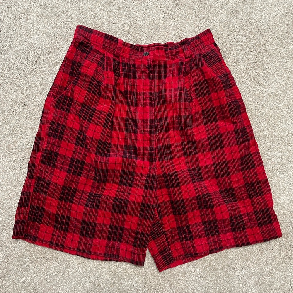Vintage 100% Red and Black Plaid Corduroy Shorts